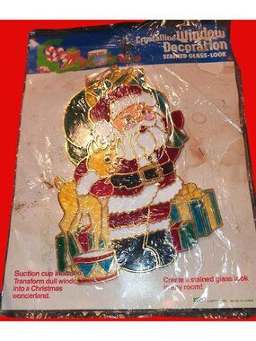Vintage Xmas Window Decoration Stained Glass Look Santa & Reindeer AY